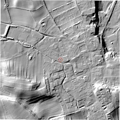 Shaded relief map of the ground around HG44EX, computed from Environment Agency LiDAR. The ground here sits at about 88 m above sea level and falls 32 m across the surrounding 800 m. Surface water reaching this point runs off ground lying to the south-west, 13.2 m higher.