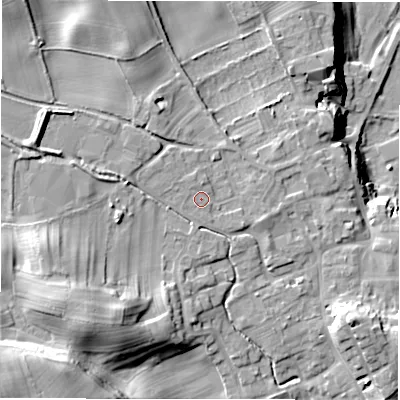 Shaded relief map of the ground around HG44EY, computed from Environment Agency LiDAR. The ground here sits at about 88 m above sea level and falls 32 m across the surrounding 800 m. Surface water reaching this point runs off ground lying to the west-north-west, 0.7 m higher.