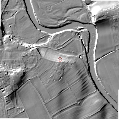 Shaded relief map of the ground around HG44EZ, computed from Environment Agency LiDAR. The ground here sits at about 80 m above sea level and falls 23 m across the surrounding 800 m. Surface water reaching this point runs off ground lying to the west-south-west, 2.8 m higher.