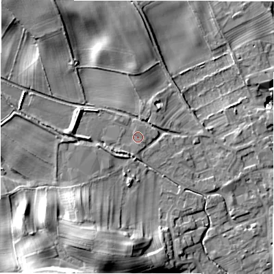 Shaded relief map of the ground around HG44FA, computed from Environment Agency LiDAR. The ground here sits at about 89 m above sea level and falls 23 m across the surrounding 800 m. Surface water reaching this point runs off ground lying to the south-west, 7.9 m higher.