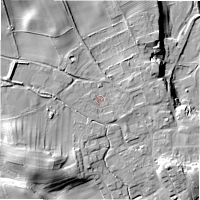 Shaded relief map of the ground around HG44HA, computed from Environment Agency LiDAR. The ground here sits at about 87 m above sea level and falls 33 m across the surrounding 800 m. Surface water reaching this point runs off ground lying to the west-south-west, 0.9 m higher.
