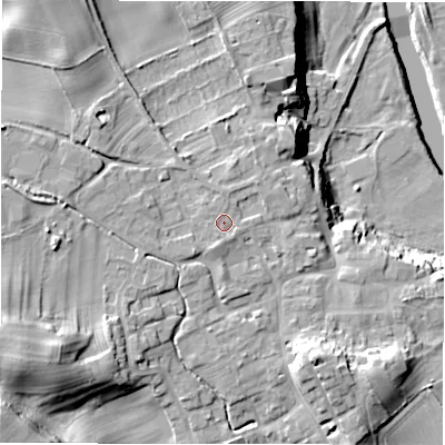 Shaded relief map of the ground around HG44HB, computed from Environment Agency LiDAR. The ground here sits at about 87 m above sea level and falls 34 m across the surrounding 800 m. Surface water reaching this point runs off ground lying to the south, 1.2 m higher.