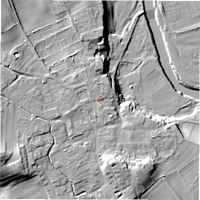Shaded relief map of the ground around HG44HD, computed from Environment Agency LiDAR. The ground here sits at about 86 m above sea level and falls 25 m across the surrounding 800 m. Surface water reaching this point runs off ground lying to the west, 3.8 m higher.