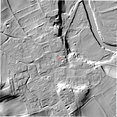 Shaded relief map of the ground around HG44HE, computed from Environment Agency LiDAR. The ground here sits at about 86 m above sea level and falls 28 m across the surrounding 800 m. Surface water reaching this point runs off ground lying to the south-east, 1.1 m higher.