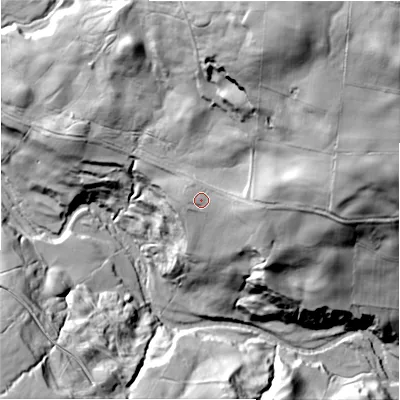 Shaded relief map of the ground around HG44LJ, computed from Environment Agency LiDAR. The ground here sits at about 183 m above sea level and falls 92 m across the surrounding 800 m. Surface water reaching this point runs off ground lying to the east, 5.0 m higher.