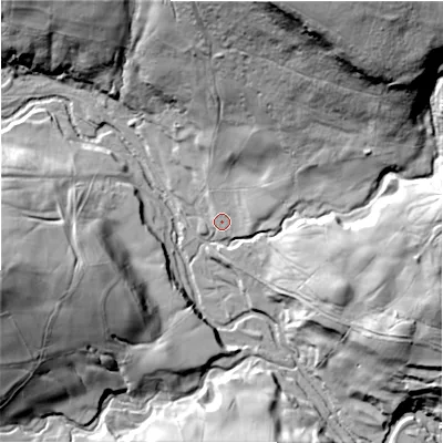 Shaded relief map of the ground around HG44LL, computed from Environment Agency LiDAR. The ground here sits at about 167 m above sea level and falls 80 m across the surrounding 800 m. Surface water reaching this point runs off ground lying to the north-north-east, 67.8 m higher.