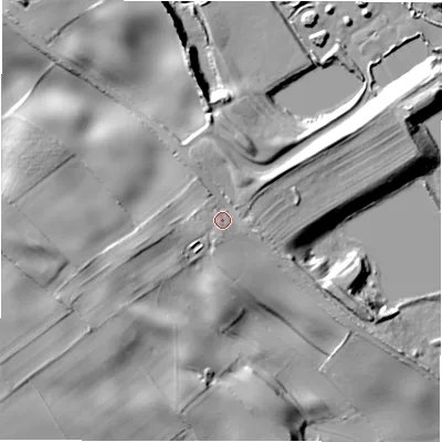 Shaded relief map of the ground around HG44PA, computed from Environment Agency LiDAR. The ground here sits at about 102 m above sea level and falls 24 m across the surrounding 800 m. Surface water reaching this point runs off ground lying to the south-south-west, 2.1 m higher.