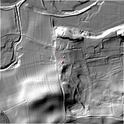 Shaded relief map of the ground around HG44PH, computed from Environment Agency LiDAR. The ground here sits at about 106 m above sea level and falls 40 m across the surrounding 800 m. Surface water reaching this point runs off ground lying to the south, 4.9 m higher.