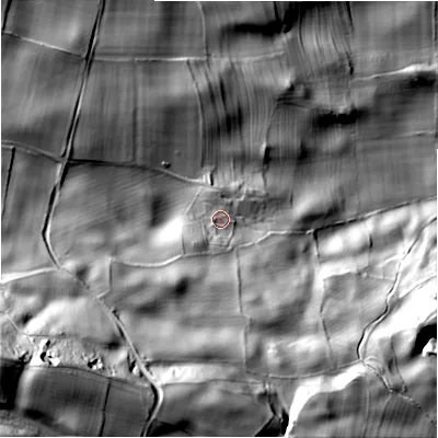 Shaded relief map of the ground around HG44PJ, computed from Environment Agency LiDAR. The ground here sits at about 178 m above sea level and falls 108 m across the surrounding 800 m. Surface water reaching this point runs off ground lying to the south-south-west, 64.9 m higher.
