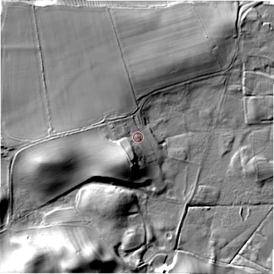 Shaded relief map of the ground around HG44PQ, computed from Environment Agency LiDAR. The ground here sits at about 97 m above sea level and falls 27 m across the surrounding 800 m. Surface water reaching this point runs off ground lying to the south-south-west, 12.6 m higher.