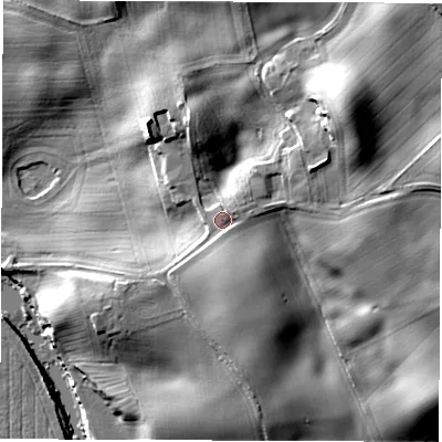 Shaded relief map of the ground around HG45AA, computed from Environment Agency LiDAR. The ground here sits at about 28 m above sea level and falls 23 m across the surrounding 800 m. Surface water reaching this point runs off ground lying to the south-south-east, 4.5 m higher.