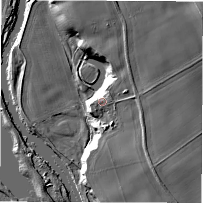 Shaded relief map of the ground around HG45AD, computed from Environment Agency LiDAR. The ground here sits at about 25 m above sea level and falls 15 m across the surrounding 800 m. Surface water reaching this point runs off ground lying to the east-north-east, 1.0 m higher.