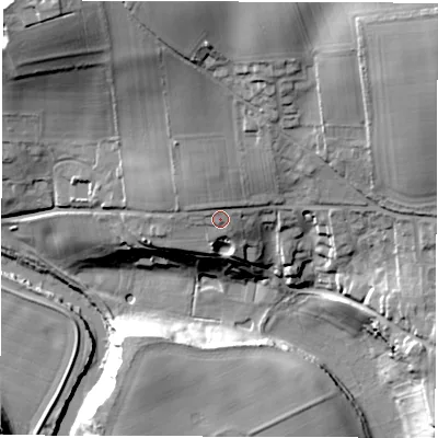 Shaded relief map of the ground around HG45BQ, computed from Environment Agency LiDAR. The ground here sits at about 35 m above sea level and falls 37 m across the surrounding 800 m. Surface water reaching this point runs off ground lying to the west-north-west, 1.0 m higher.