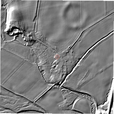 Shaded relief map of the ground around HG45ED, computed from Environment Agency LiDAR. The ground here sits at about 25 m above sea level and falls 9 m across the surrounding 800 m. Surface water reaching this point runs off ground lying to the north-west, 6.1 m higher.