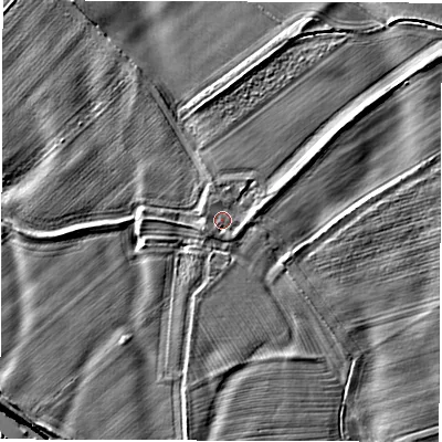 Shaded relief map of the ground around HG45EF, computed from Environment Agency LiDAR. The ground here sits at about 26 m above sea level and falls 7 m across the surrounding 800 m. Surface water reaching this point runs off ground lying to the east-north-east, 1.7 m higher.