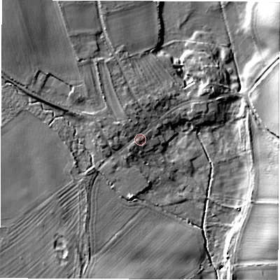 Shaded relief map of the ground around HG45EN, computed from Environment Agency LiDAR. The ground here sits at about 33 m above sea level and falls 15 m across the surrounding 800 m. Surface water reaching this point runs off ground lying to the north-west, 2.4 m higher.