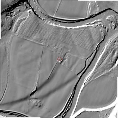 Shaded relief map of the ground around HG45LD, computed from Environment Agency LiDAR. The ground here sits at about 51 m above sea level and falls 24 m across the surrounding 800 m. Surface water reaching this point runs off ground lying to the south-west, 2.5 m higher.