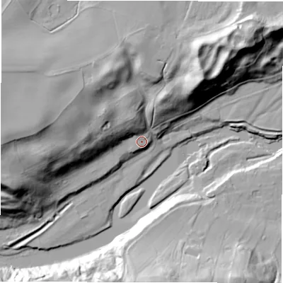 Shaded relief map of the ground around HG45LE, computed from Environment Agency LiDAR. The ground here sits at about 61 m above sea level and falls 47 m across the surrounding 800 m. Surface water reaching this point runs off ground lying to the north-north-west, 16.9 m higher.