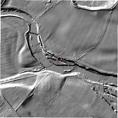 Shaded relief map of the ground around HG45LF, computed from Environment Agency LiDAR. The ground here sits at about 42 m above sea level and falls 23 m across the surrounding 800 m. Surface water reaching this point runs off ground lying to the north-north-west, 6.1 m higher.