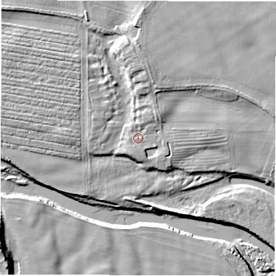 Shaded relief map of the ground around HG45LN, computed from Environment Agency LiDAR. The ground here sits at about 37 m above sea level and falls 15 m across the surrounding 800 m. Surface water reaching this point runs off ground lying to the north-north-east, 1.3 m higher.