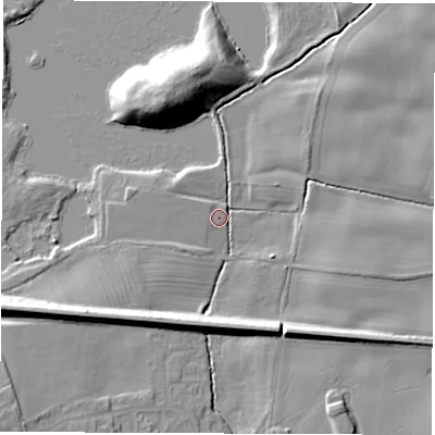 Shaded relief map of the ground around HG50FE, computed from Environment Agency LiDAR. The ground here sits at about 42 m above sea level and falls 15 m across the surrounding 800 m. Surface water reaching this point runs off ground lying to the south-west, 9.5 m higher.