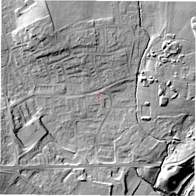 Shaded relief map of the ground around HG50HT, computed from Environment Agency LiDAR. The ground here sits at about 39 m above sea level and falls 22 m across the surrounding 800 m. Surface water reaching this point runs off ground lying to the north-east, 1.1 m higher.