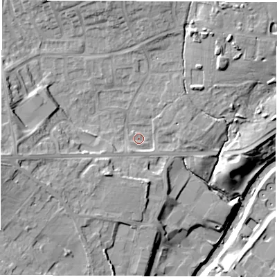 Shaded relief map of the ground around HG50HU, computed from Environment Agency LiDAR. The ground here sits at about 37 m above sea level and falls 20 m across the surrounding 800 m. Surface water reaching this point runs off ground lying to the west-south-west, 4.3 m higher.