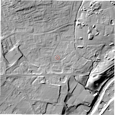 Shaded relief map of the ground around HG50HX, computed from Environment Agency LiDAR. The ground here sits at about 38 m above sea level and falls 20 m across the surrounding 800 m. Surface water reaching this point runs off ground lying to the north-west, 11.3 m higher.