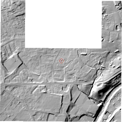 Shaded relief map of the ground around HG50JF, computed from Environment Agency LiDAR. The ground here sits at about 38 m above sea level and falls 21 m across the surrounding 800 m. Surface water reaching this point runs off ground lying to the east, 1.2 m higher.