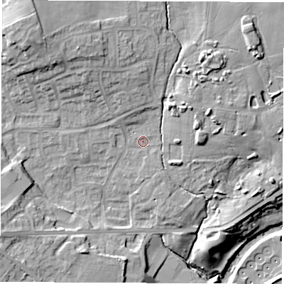 Shaded relief map of the ground around HG50LP, computed from Environment Agency LiDAR. The ground here sits at about 39 m above sea level and falls 21 m across the surrounding 800 m. Surface water reaching this point runs off ground lying to the north-west, 8.4 m higher.