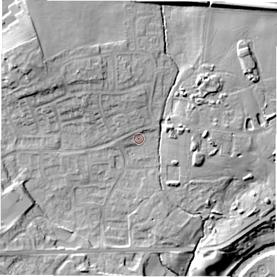 Shaded relief map of the ground around HG50LR, computed from Environment Agency LiDAR. The ground here sits at about 40 m above sea level and falls 21 m across the surrounding 800 m. Surface water reaching this point runs off ground lying to the north-west, 1.9 m higher.