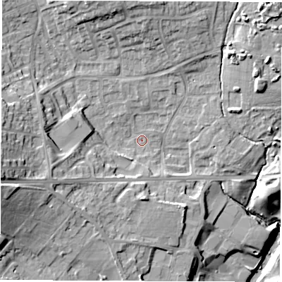 Shaded relief map of the ground around HG50LS, computed from Environment Agency LiDAR. The ground here sits at about 37 m above sea level and falls 27 m across the surrounding 800 m. Surface water reaching this point runs off ground lying to the south-west, 6.9 m higher.