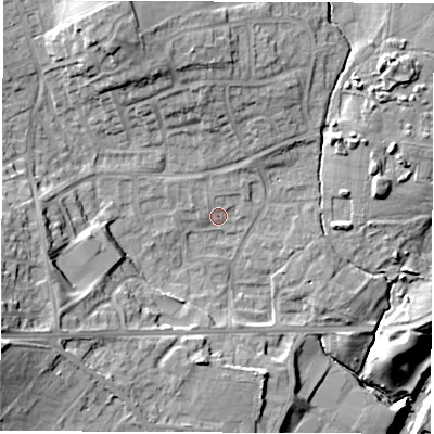 Shaded relief map of the ground around HG50LU, computed from Environment Agency LiDAR. The ground here sits at about 39 m above sea level and falls 25 m across the surrounding 800 m. Surface water reaching this point runs off ground lying to the north-north-west, 1.6 m higher.