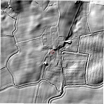 Shaded relief map of the ground around HG50RX, computed from Environment Agency LiDAR. The ground here sits at about 44 m above sea level and falls 11 m across the surrounding 800 m. Surface water reaching this point runs off ground lying to the north-north-east, 5.3 m higher.