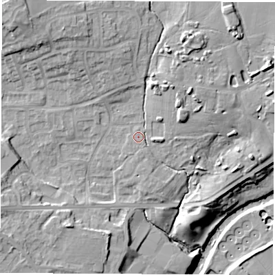 Shaded relief map of the ground around HG50SX, computed from Environment Agency LiDAR. The ground here sits at about 39 m above sea level and falls 21 m across the surrounding 800 m. Surface water reaching this point runs off ground lying to the north-east, 4.7 m higher.