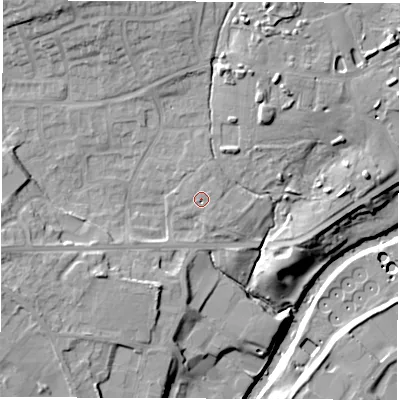 Shaded relief map of the ground around HG50SY, computed from Environment Agency LiDAR. The ground here sits at about 39 m above sea level and falls 19 m across the surrounding 800 m. Surface water reaching this point runs off ground lying to the east-south-east, 1.5 m higher.