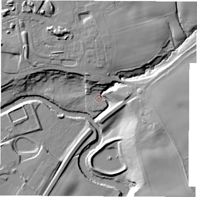 Shaded relief map of the ground around HG50TS, computed from Environment Agency LiDAR. The ground here sits at about 32 m above sea level and falls 20 m across the surrounding 800 m. Surface water reaching this point runs off ground lying to the north-north-west, 12.1 m higher.