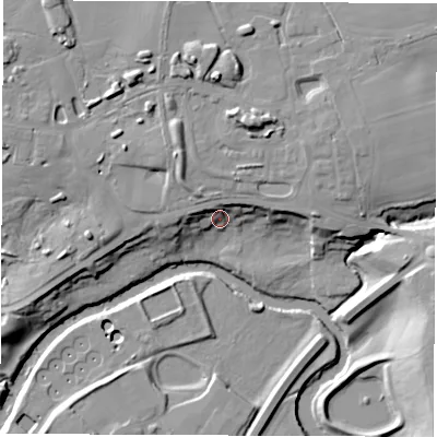 Shaded relief map of the ground around HG50TT, computed from Environment Agency LiDAR. The ground here sits at about 36 m above sea level and falls 18 m across the surrounding 800 m. Surface water reaching this point runs off ground lying to the north-north-west, 7.8 m higher.