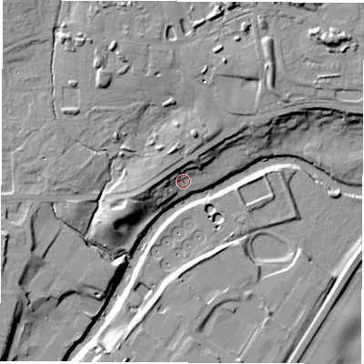 Shaded relief map of the ground around HG50TU, computed from Environment Agency LiDAR. The ground here sits at about 33 m above sea level and falls 17 m across the surrounding 800 m. Surface water reaching this point runs off ground lying to the north-west, 6.7 m higher.