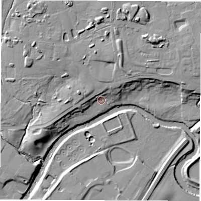 Shaded relief map of the ground around HG50TX, computed from Environment Agency LiDAR. The ground here sits at about 33 m above sea level and falls 18 m across the surrounding 800 m. Surface water reaching this point runs off ground lying to the north, 12.2 m higher.