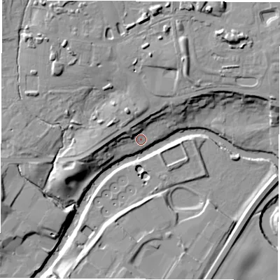 Shaded relief map of the ground around HG50TY, computed from Environment Agency LiDAR. The ground here sits at about 33 m above sea level and falls 18 m across the surrounding 800 m. Surface water reaching this point runs off ground lying to the west, 7.2 m higher.