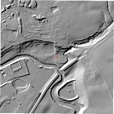 Shaded relief map of the ground around HG50TZ, computed from Environment Agency LiDAR. The ground here sits at about 31 m above sea level and falls 20 m across the surrounding 800 m. Surface water reaching this point runs off ground lying to the north-north-west, 14.9 m higher.