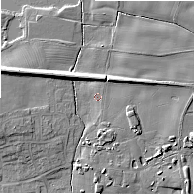 Shaded relief map of the ground around HG50ZD, computed from Environment Agency LiDAR. The ground here sits at about 41 m above sea level and falls 13 m across the surrounding 800 m. The ground contributing surface water to this point lies to the south-south-east.