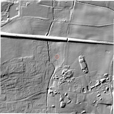Shaded relief map of the ground around HG50ZE, computed from Environment Agency LiDAR. The ground here sits at about 40 m above sea level and falls 13 m across the surrounding 800 m. Surface water reaching this point runs off ground lying to the west-north-west, 10.6 m higher.