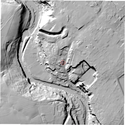 Shaded relief map of the ground around HG58BH, computed from Environment Agency LiDAR. The ground here sits at about 59 m above sea level and falls 46 m across the surrounding 800 m. Surface water reaching this point runs off ground lying to the north, 24.1 m higher.