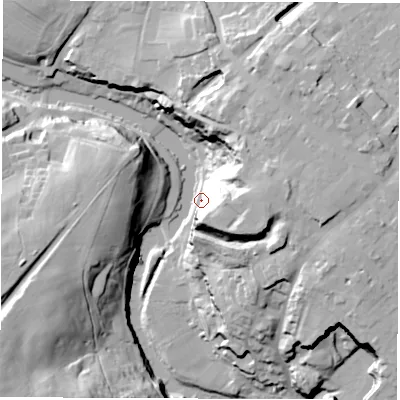 Shaded relief map of the ground around HG58DE, computed from Environment Agency LiDAR. The ground here sits at about 41 m above sea level and falls 46 m across the surrounding 800 m. Surface water reaching this point runs off ground lying to the north-north-east, 42.9 m higher.