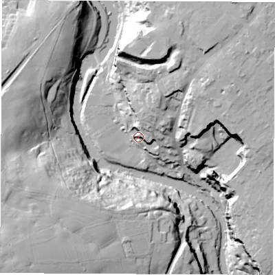 Shaded relief map of the ground around HG58DF, computed from Environment Agency LiDAR. The ground here sits at about 45 m above sea level and falls 45 m across the surrounding 800 m. Surface water reaching this point runs off ground lying to the north-east, 22.0 m higher.