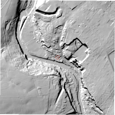 Shaded relief map of the ground around HG58DG, computed from Environment Agency LiDAR. The ground here sits at about 40 m above sea level and falls 45 m across the surrounding 800 m. Surface water reaching this point runs off ground lying to the north-north-east, 40.1 m higher.