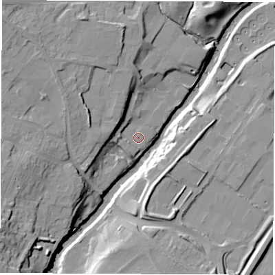 Shaded relief map of the ground around HG58ET, computed from Environment Agency LiDAR. The ground here sits at about 34 m above sea level and falls 24 m across the surrounding 800 m. Surface water reaching this point runs off ground lying to the north-west, 11.2 m higher.