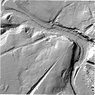 Shaded relief map of the ground around HG58FE, computed from Environment Agency LiDAR. The ground here sits at about 56 m above sea level and falls 48 m across the surrounding 800 m. Surface water reaching this point runs off ground lying to the south, 13.5 m higher.